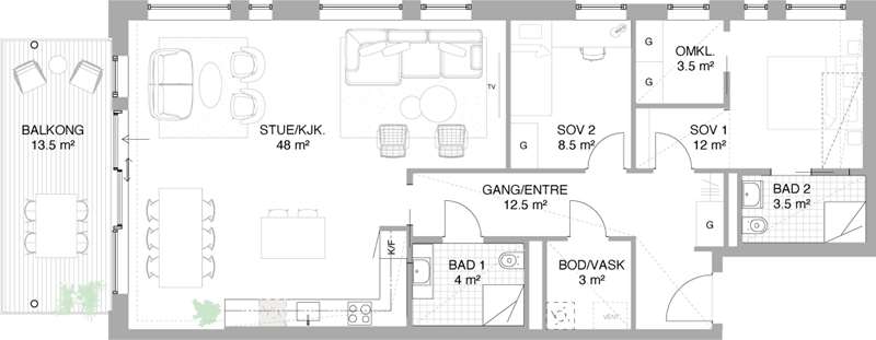 Alternativ planløsning: 3-roms leilighet mot ekstra kostnad
